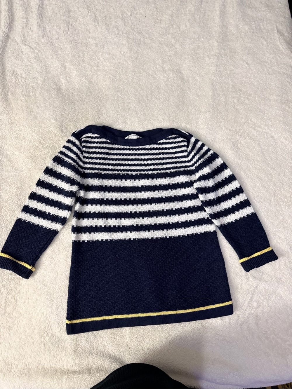 Christopher & Banks Navy, White & Yellow Striped Crewneck Sweater